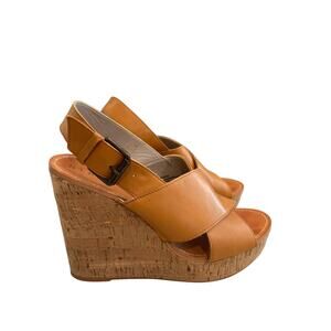 Hinge‎ Women's Size 8M Brown Leather Cork  Boho Platform Wedge Open Toe Sandals
